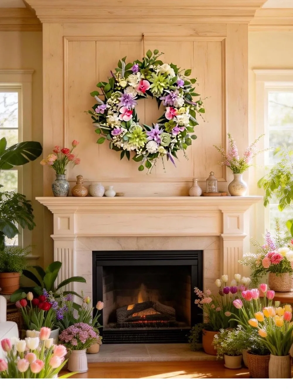 24 Inch Spring Wreath for Front Door, Artificial Spring Summer Floral Wreath
